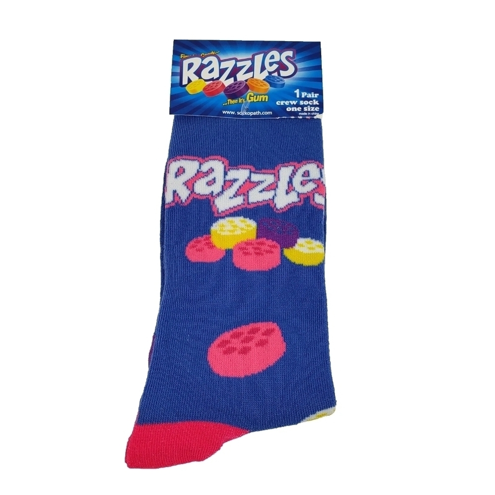 4/$25 Razzles Candy then Gum Novelty Crew Socks Blue With Iconic Graphics